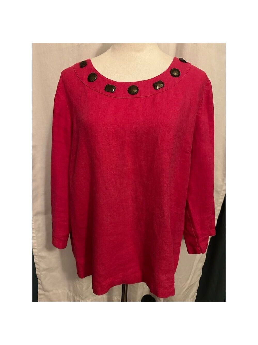 Women's 3/4 Sleeve Scoop Neck Blouse Hot Pink Size L Casual Spring
